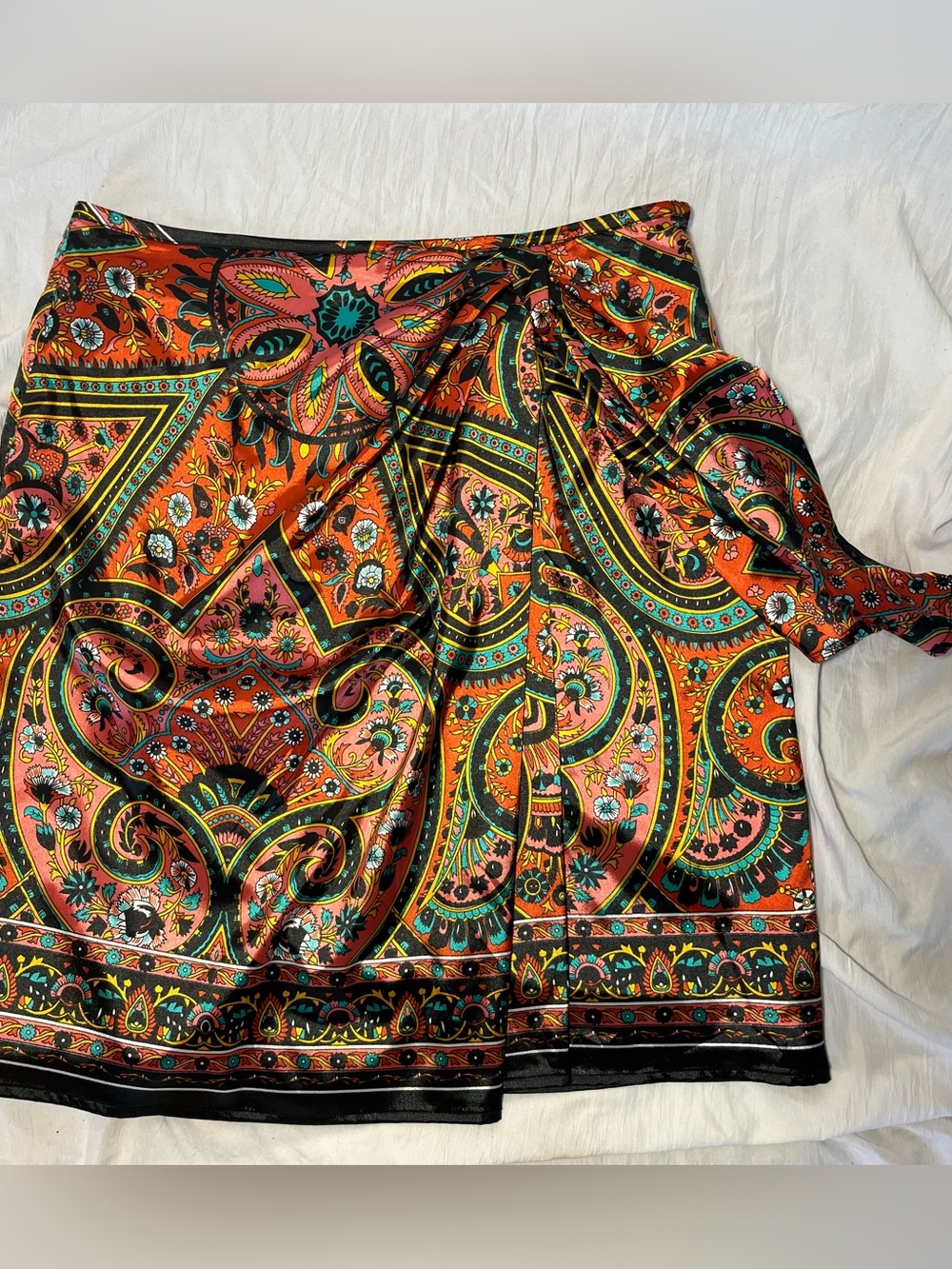 VTG Richie Tailor Paisley Scarf Print Satin Faux Wrap Skirt Y2K 90s Orange S